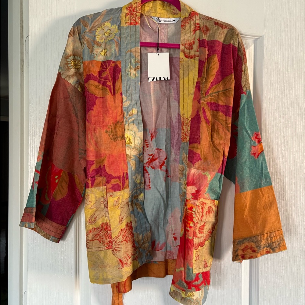 Zara Womens Kimono Blouse XS-S Multi Patchwork Print Belted 8291/044 NWT